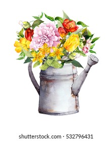 Spring, summer flowers in vintage watering can. Watercolor