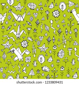 Spring Summer geometric seamless pattern with animals and plants, black contours decorative contemporary elements Stylized origami. Green white print, trendy backdrop. 