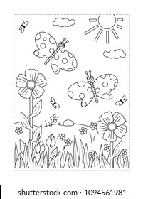 Spring Or Summer Joy Themed Coloring Page With Butterflies, Flowers, Grass.