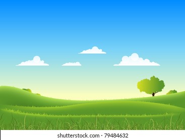 Spring And Summer Seasons Landscape/ Illustration of a cartoon nature summer or spring seasonal landscape, with fields, trees, grass and beautiful sky