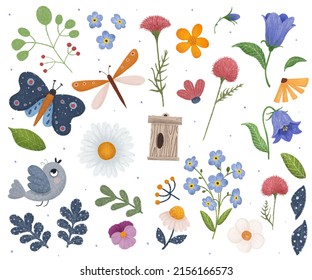 Spring And Summer Set. Bird, Butterfly, Dragonfly, Birdhouse And Different Flowers. Chamomile, Bluebell, Pansy, Forget-me-not.