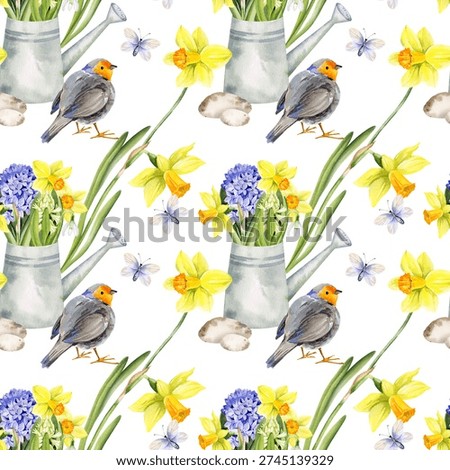 spring themed seamless pattern, watercolor yellow, blue flowers, snowdrops, garden watering can, butterflies, cute robin bird, daffodil, hyacinths, narcissus, hand drawn spring Easter illustration of snowdrops bouquet for party, kitchen decoration