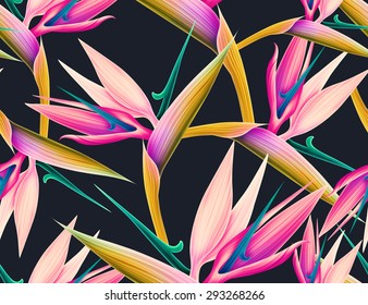 Spring Time Contemporary Bird Of The Paradise Flowers Seamless Pattern