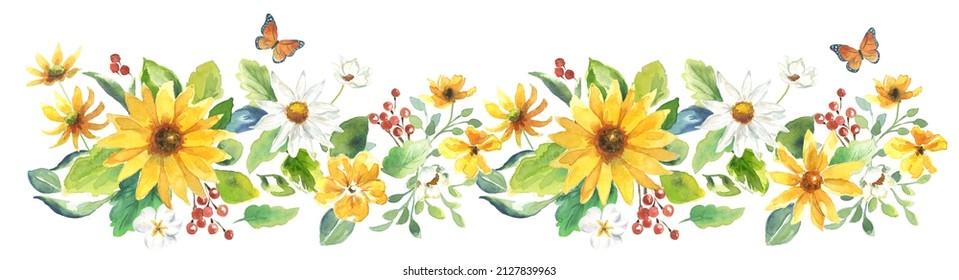 Spring time yellow daisy flower border with leaves, small flowers  butterflies. Watercolor painting isolated on white background. Long horizontal flower border. Bright, happy, sunny flowers. Kitchen