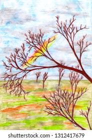 Spring Tree Crayon Art Stock Illustration 1312417679 | Shutterstock