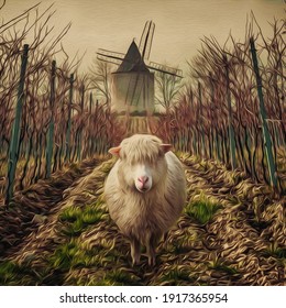 Spring vineyard with a mill and an adult sheep in the background.  Oil painting imitation. 3D illustration.