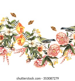  Spring Watercolor Border With Flowers And Bird. Original Watercolor. Hand Painting.