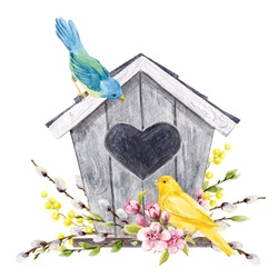 Spring Watercolor Illustration Of A Birdhouse With Birds Tit, Yellow Canary, Willow Branches, Cherry Blossoms, Easter Illustration. Flowers Mimosa