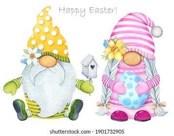 Spring watercolor illustration. Cute Easter gnomes. Boy and girl gnomes. Easter egg.
