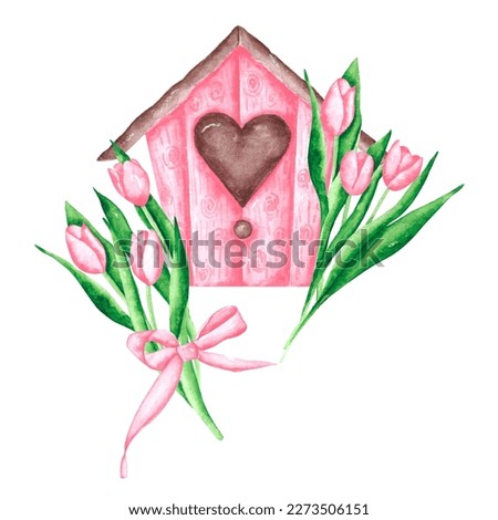 Spring watercolor illustration. Pink tulips. Spring flowers. Blooming tulips. Pink birdhouse. Spring postcard. For printing on stickers, tags, invitations, fabric, tableware, planners, postcards.