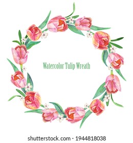 Spring Watercolor Wreath. Red Tulip Frame With White Flowers