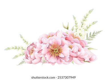 Spring white pink peonies, Matthiola and green leaves watercolor isolated illustration. Hand drawn garden roses flowers corner composition for spring wedding or florist design and Mothers Day cards - Powered by Shutterstock