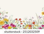 Spring wildflower border background, colorful botanical illustration