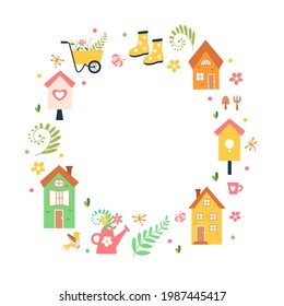 Spring Wreath With Various Elements: House, Flowers, Watering Can, Butterfly, Dragonfly, Birdhouse, Cart, Leaves. Illustration.