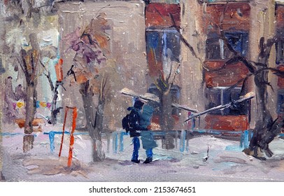 Spring, a young couple embracing against the background of a winter landscape.The cozy courtyard is covered with snow, the last fluffy snow falls on a large spreading tree and the kindergarten buildin - Powered by Shutterstock