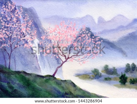 Springtime dusk watercolour paint cloudy fog pond rocky mount scene. Paper backdrop text space. Hand drawn grey color mist rural valley canyon brook. Artist blossom cherry bush sketch graphic picture