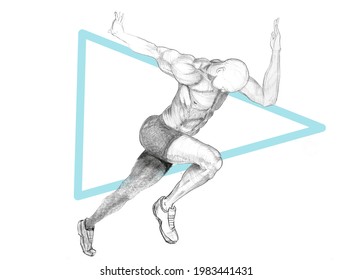 Sprint runner pushes himself forward on the white background