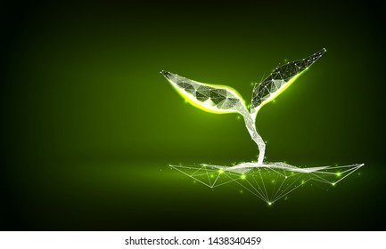 Sprout or seedling. Concept for a startup or start a new life. Abstract illustration isolated on green background. Low poly wireframe. Particles are connected in a geometric silhouette