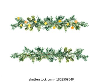 Spruce branches in decorative border. Simple Christmas tree twigs with stars. Fir, pine design