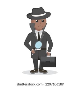 Spy African Hold Briefcase And Magnifying Design Character On White Background