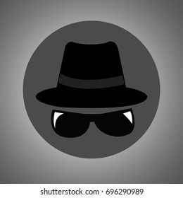 Spy Icon / Set Of Sunglasses And Hat With Grey Round Background