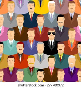 Spy And People. Secret Agent In Glasses Among Crowds Of Men. Seamless Background
