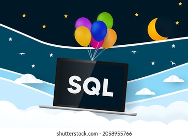 SQL Programming Language. Balloons Carries Laptop With Word SQL