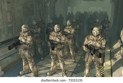 Squad Of Space Marines Waiting To Disembark From A Troop Carrier Dropship, 3d Digitally Rendered Illustration