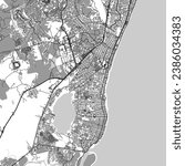 Square 1:1 greyscale road map of the city of Jaboatao in Brazil. Roads, buildings, rivers and water and fields and forests seperated in different tones of grey