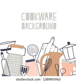 Square backdrop decorated with various kitchenware or cookware, kitchen utensils and tools for food preparation at bottom edge on white background. Hand drawn illustration in doodle style.