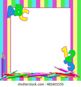 Square background for educational purposes.  Colorful pencils, letters and numbers isolated on matching colorful stripe background with white text area in center.