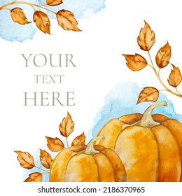 Square Banner With Large Watercolor Pumpkins, Thin Twigs With Small Orange Leaves Isolated On White Background. Decorative Composition For Thanksgiving And Halloween Social Media Post Layout Design.