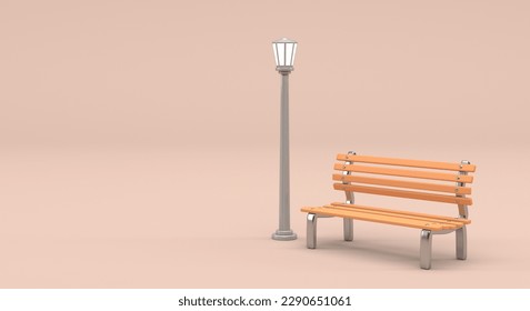 square bench, pole next to a wooden square bench with chrome details, background for pamphlet, banner and invitations (3d illustration) - Powered by Shutterstock