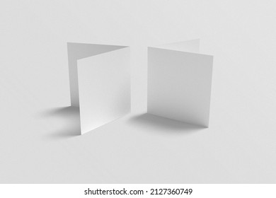 Square Bifold Brochure, Greeting Card, Or Invitation Card Mockup. 3D Rendering Object. Realistic Card Illustration.