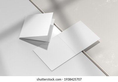 Square Bifold Brochure Mock Up Isolated On White Background. 3D Illustration.