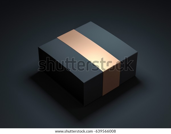 暗いスタジオで金色のラベルが付いた四角い黒い箱 3dレンダリング のイラスト素材