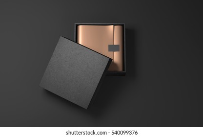 Square Black Box With Golden Wrapping Paper And Label Sticker. 3d Rendering