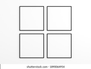 Square Black Four Frame Mockup. Four Minimalistic Black Frames Poster On Clean White Wall And White Wooden Floor.