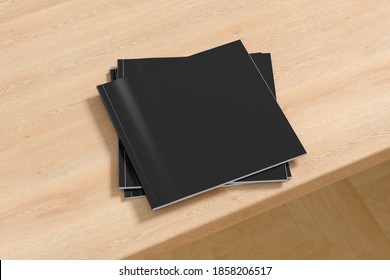 Square Black Magazine Or Brochure Stack Mockup On Wooden Table. 3d Illustration