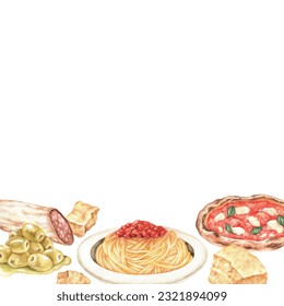 Square blank with Italian dishes. Watercolor illustration. Spaghetti bolognese, parmesan cheese, pizza, salami, olives. Place for text. Hand drawn isolated on a white background. For menu, cookbooks - Powered by Shutterstock