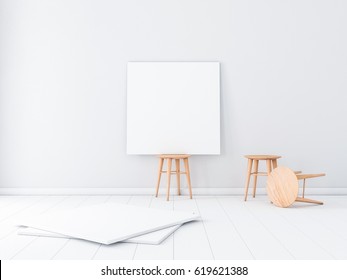 Square Blank Poster Canvas Mockup On Wooden Chair In White Empty Room, 3d Rendering