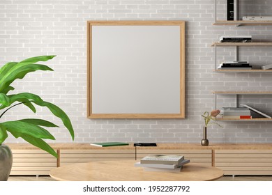 Square Blank Poster Frame Mock Up On White Brick Wall In Interior Of Industrial Style Living Room. 3d Illustration