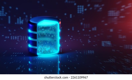 Square blocks or small cubes are collected in a database against a blue background. Concept of DBMS, Database server, Data storage, Data center, SQL, Big Data, Artificial intelligence. 3D rendering.