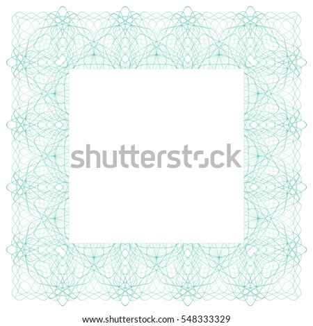 Square border frame, abstract guilloche lace contour on white background. Illustration for invitations, banknotes, diplomas, certificates, tickets and other papers security design