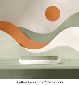 in square brown wave pattern wall, 3d render blank mockup green and white cylinder podium