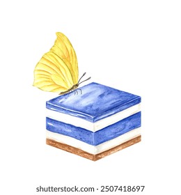 Square cake with berry yoghurt cream. White and blue mousse. Yellow butterfly sitting on dessert. Slice of cheesecake, custard, tart. Watercolor illustration for recipe, menu, package design - Powered by Shutterstock