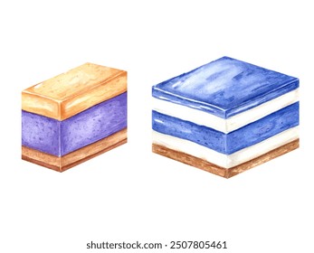 Square cake with berry yoghurt cream. White and blue mousse. Violet and yellow cream dessert. Slice of cheesecake, custard, tart. Watercolor illustration for recipe, menu, package design - Powered by Shutterstock