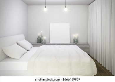 Square Canvas Bedroom Mockup. 3d Rendering