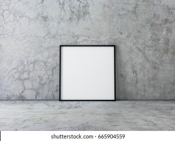 Square Canvas Poster With Black Frame Mockup Standing On Concrete Floor. 3d Rendering