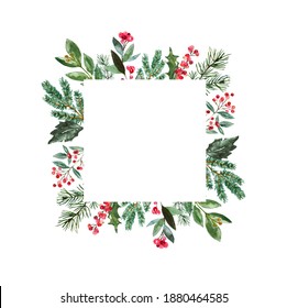 Square Christmas Greenery Frame. Watercolor Winter Plants, Green Leaves, Branches, Red Berries Of Holly Tree On White Background. Holiday Photo Border Template.